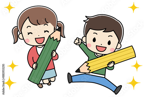 大きな鉛筆を持ってジャンプする子供たちのイラスト