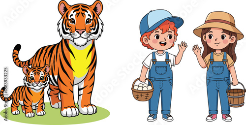 Cute cartoon tiger with cub and children characters side by side, colorful vector illustration for wildlife education, kids learning, storytelling, comparison concept, and creative design