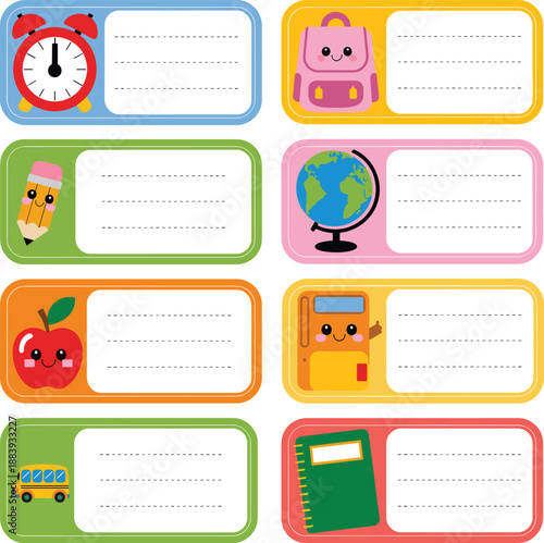 Cute School Name Label Set with Cartoon Supplies for Kids