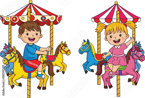 Children riding colorful carousel, amusement park fun, happy kids on horses, carnival ride illustration, joyful childhood moment, playful fairground entertainment scene