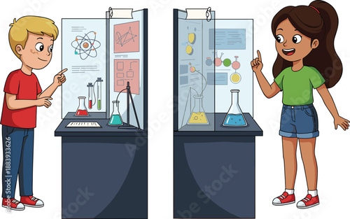Children presenting science experiments, classroom display boards, chemistry setup, colorful liquids, educational fair, student engagement, STEM learning, molecular diagrams, school activity