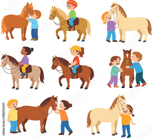 Children riding horses, cartoon kids with ponies, happy horse interaction, horseback riding fun, cute animal bonding, equestrian activity illustrations