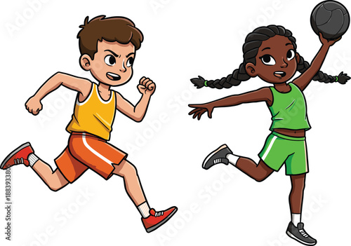Children running and jumping, active kids sports, youth fitness, outdoor exercise, athletic motion, healthy lifestyle, energetic movement, school activity, playtime fun