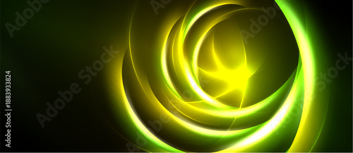 Abstract swirls, vibrant yellow glows against dark background. Circular patterns create dynamic visual effect. Energy radiates from central point.