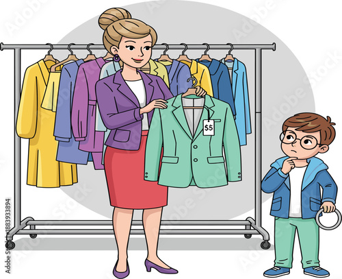 Mother helping son choose clothes in fashion store, colorful vector illustration for shopping concept, retail experience, family lifestyle, clothing selection, and customer decision making