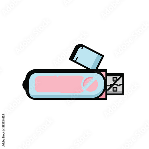 Illustration of a partially opened USB flash drive with a pink battery icon on a white background