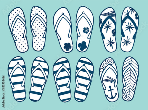 Colorful summer flip flops with playful patterns for beach vacation and tropical getaways. flip flop designs featuring tropical, floral, and nautical patterns, ideal for summer or beach themes.