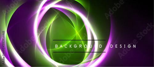 Abstract swirls, vibrant colors blend. Green dominates center, purple accents radiate. Dark background emphasizes luminous design elements.