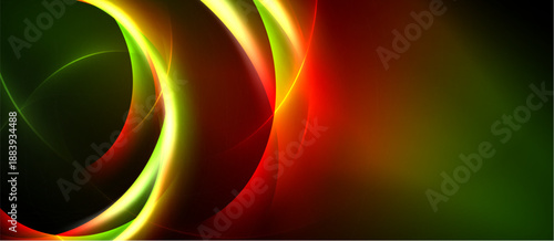 Abstract vibrant swirls, red, green, yellow hues blend. Dynamic composition creates energetic visual impact. Smooth gradients dominate design.
