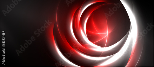 Abstract swirls, vibrant red, white light. Dynamic energy radiates from central point, dark background creates contrast. Modern design.