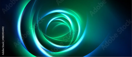 Abstract swirls, vibrant blues, greens create luminous tunnel effect. Dark background emphasizes glowing center. Smooth gradients define shapes.