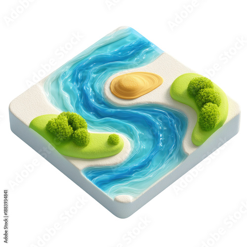 Isometric view of a stylized landscape featuring water, land, trees, and sand details