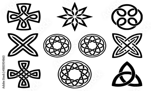 Celtic Knot and Mystic Symbol Vector Set, Black Line Art Triquetra and Infinity Cross Ornaments, Spiritual Geometry Icons for Tattoo Design and Esoteric Branding, Ancient Nordic Graphic Elements