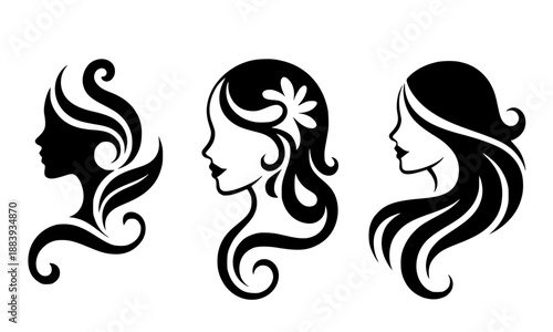Beautiful Woman Face Silhouette Vector Set, Elegant Female Hair Salon Logo Icons with Floral Accents, Aesthetic Spa and Wellness Branding Elements, Minimalist Lady Profile Graphic Illustrations