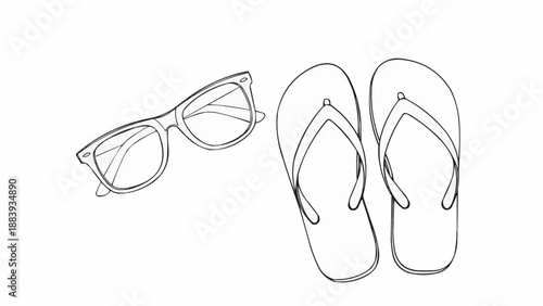 Hand drawn sketch of sunglasses and flip flops on white background.