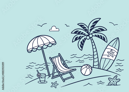Tropical beach vacation with umbrella, chair, surfboard, and palm tree illustration ,  beach scene featuring palm trees, lounge chair, umbrella, surfboard, and ocean waves in a playful vector style.