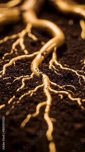 Detailed Macro View Of Growing Plant Roots Expanding Deep Into Dark Soil