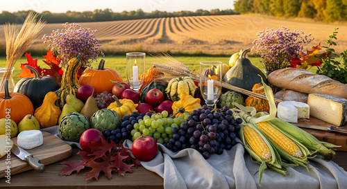 Harvest Feast Outdoor Table with Pumpkins Grapes and Cheese