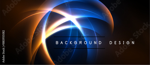 Abstract design features vibrant blue, orange glows. Dynamic curves intersect creating luminous effect. Dark background emphasizes bright elements.