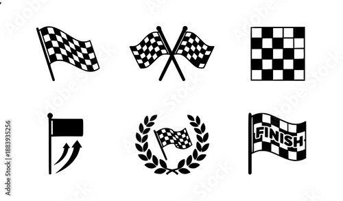 Checkered racing flag flat vector icon set for motorsport and UI design