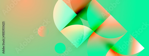 Abstract composition featuring overlapping circles, gradients. Colors blend from orange, green, turquoise creating dynamic visual effect. Smooth transitions dominate.