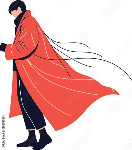 Minimalist stylish person in red flowing trench coat vector