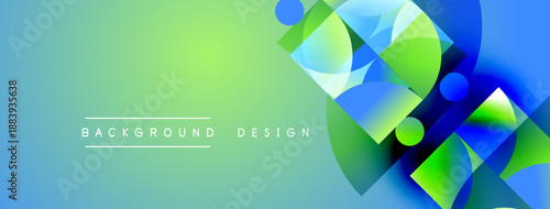 Abstract geometric shapes blend vibrant blue, green hues. Modern design suggests digital art, clean aesthetic. Background features gradient effect.