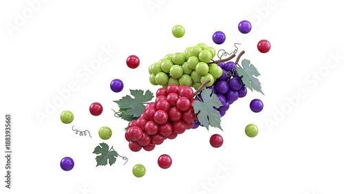 Assortment of Red, Green, and Purple Grapes with Leaves and Berries