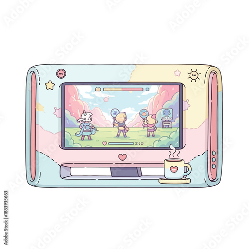 Cute animated characters dancing on a smartphone screen amidst pastel clouds and a friendly coffee