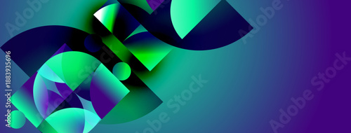 Abstract geometric shapes, vibrant blues, greens, purples. Fluid design suggests movement, energy, modern aesthetic. Minimalist composition.