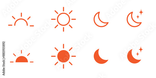 Sun and moon icons set. Dark and light mode symbol. Daytime sunset, sun, moon icon set. Vector stock illustration