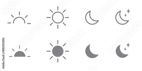 Sun and moon icons set. Dark and light mode symbol. Daytime sunset, sun, moon icon set. Vector stock illustration