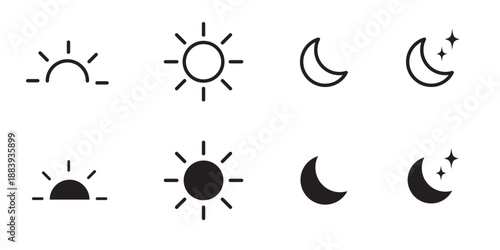 Sun and moon icons set. Dark and light mode symbol. Daytime sunset, sun, moon icon set. Vector stock illustration