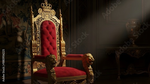Luxury royal throne chair with red velvet upholstery and dramatic dark lighting