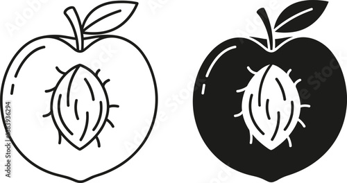 Peach cutaway outline and black silhouette icon set showing seed interior minimalist fruit illustration design
