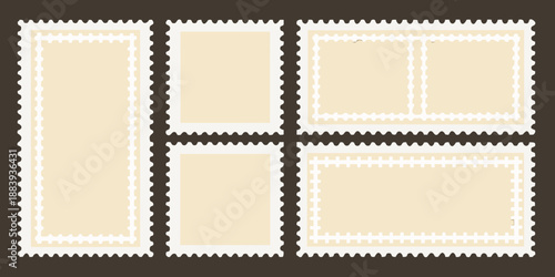 Four vintage postage stamps arranged in a grid on a brown background