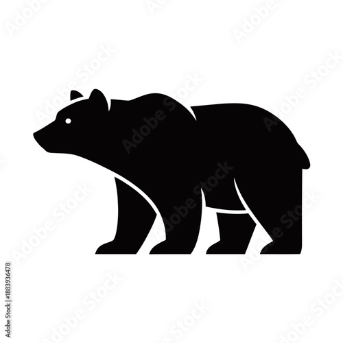 A stylized black silhouette of a bear standing on a white background, facing left.