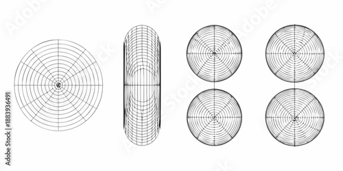 Geometric representation of a cylindrical object shown in various perspectives