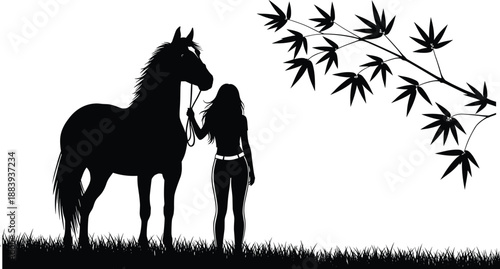 Woman with horse silhouette in peaceful nature scene, elegant human and animal bond under tree branches, black countryside illustration isolated on white background