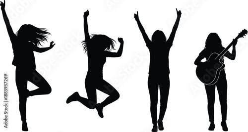 Young woman silhouettes dancing, jumping, and playing guitar, expressing freedom, music, creativity, joy, youth energy, and modern lifestyle expression concept