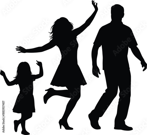 Joyful family silhouette dancing together, mother father and child celebrating happiness, movement, and togetherness isolated on white background