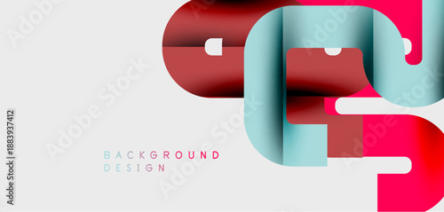 Abstract design features flowing ribbons, red, blue hues. Minimalist style, clean background, modern aesthetic. Simple text sample present.