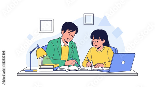 a girl is studying with a teacher