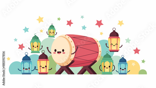 Cartoon Bear Character with Lanterns and Stars.