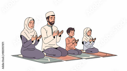 Family Praying Together Islamic Illustration.