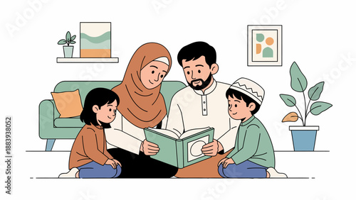 Family Reading Together in Living Room.