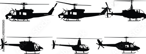 Helicopter silhouette collection isolated on white background, military and civilian aviation aircraft set for transport rescue defense design