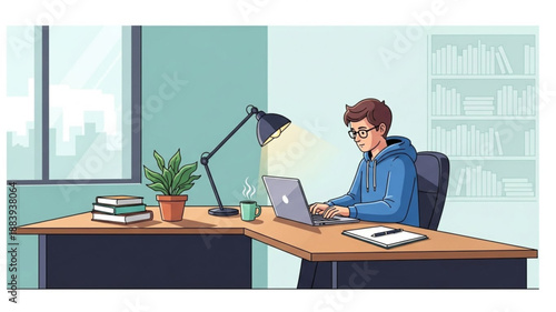 Young man working on a laptop at his desk.