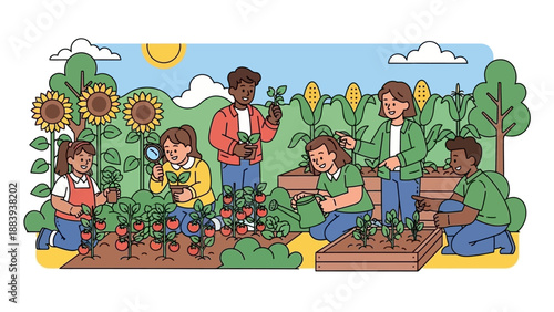 Children who are learning to farm in the garden