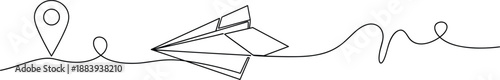 Paper plane travel line illustration with route and location pin, minimalist journey concept isolated on white background design